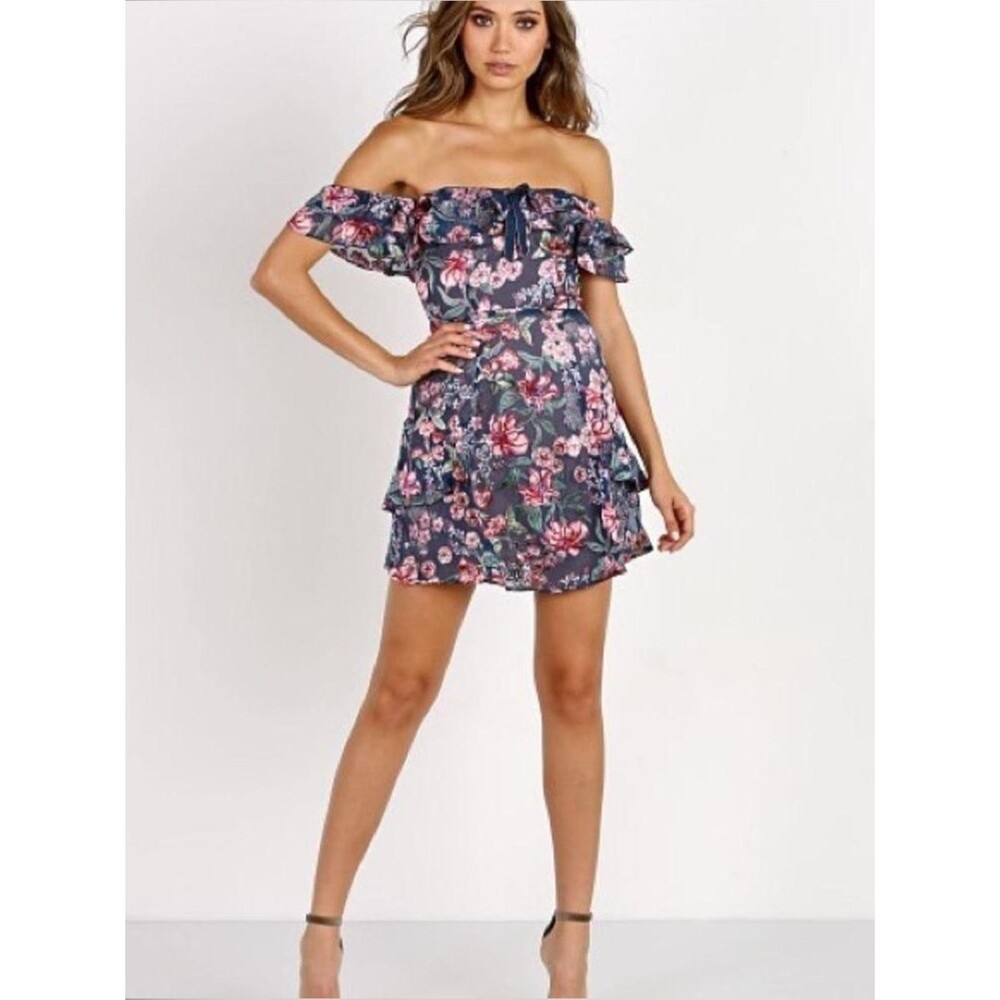 For Love & Lemons Flora Mini Dress Blue Floral Silk Blend Off Shoulder Size S